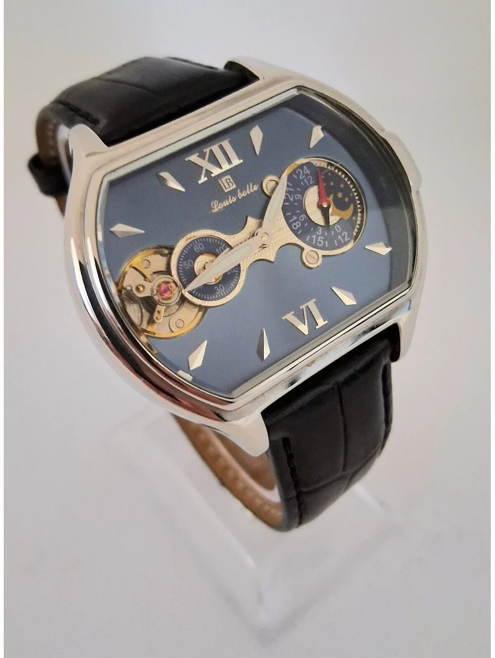 SUPER RARE Louis Bolle Pioneer II Men's Automatic Skeleton 44mm Moon Phase Watch